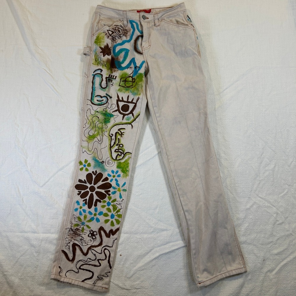 Dickies Girl Carpenter Pants Cream Hand Painted Graphic Art Workwear 1/25
